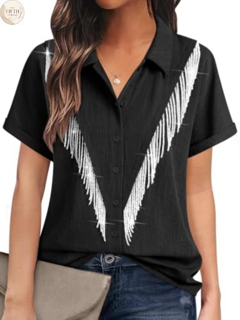 Women's Western Rhinestone Fringe Button Down Short Sleeve Shirt Rolled Cuff